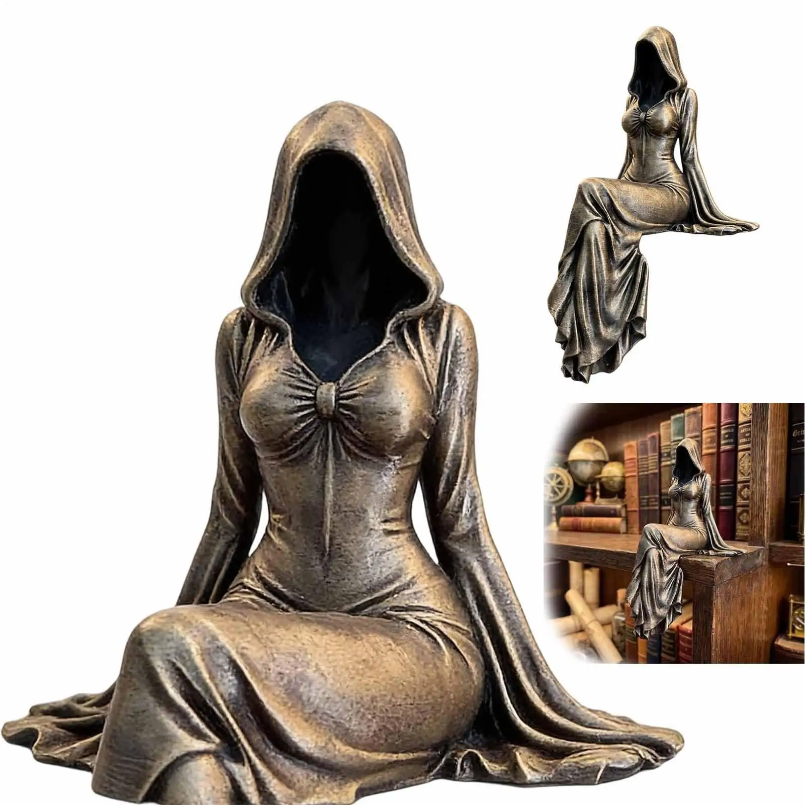 Mysterious Statue Bookshelf Figurines Ethereal Hooded Figure Sculpture Of The Grims Reaper 3D Spooky Sculpture
