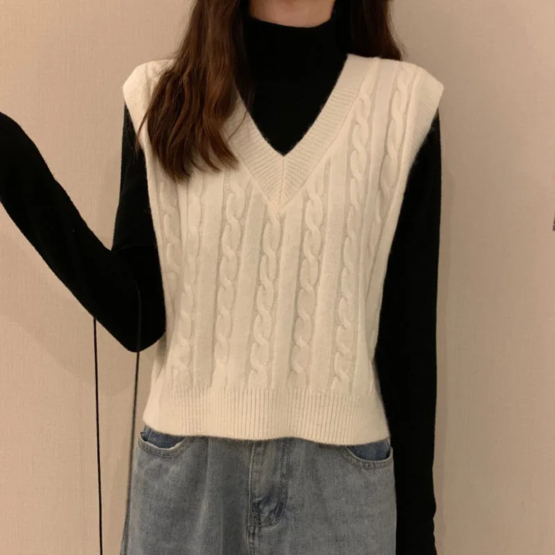 Outerwears Knitted Women Sweater Vest Fashion Sleeveless V-Neck White Black Knit Sweater Vest Women Tops Sueters De Mujer Q3185