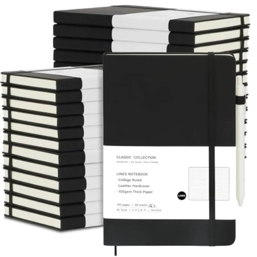 

24 Pack A5 Journal Notebook with 24 White Pens Bulk Classic Ruled Hardcover Leather Journal Set with Pen Holder for Men Women W
