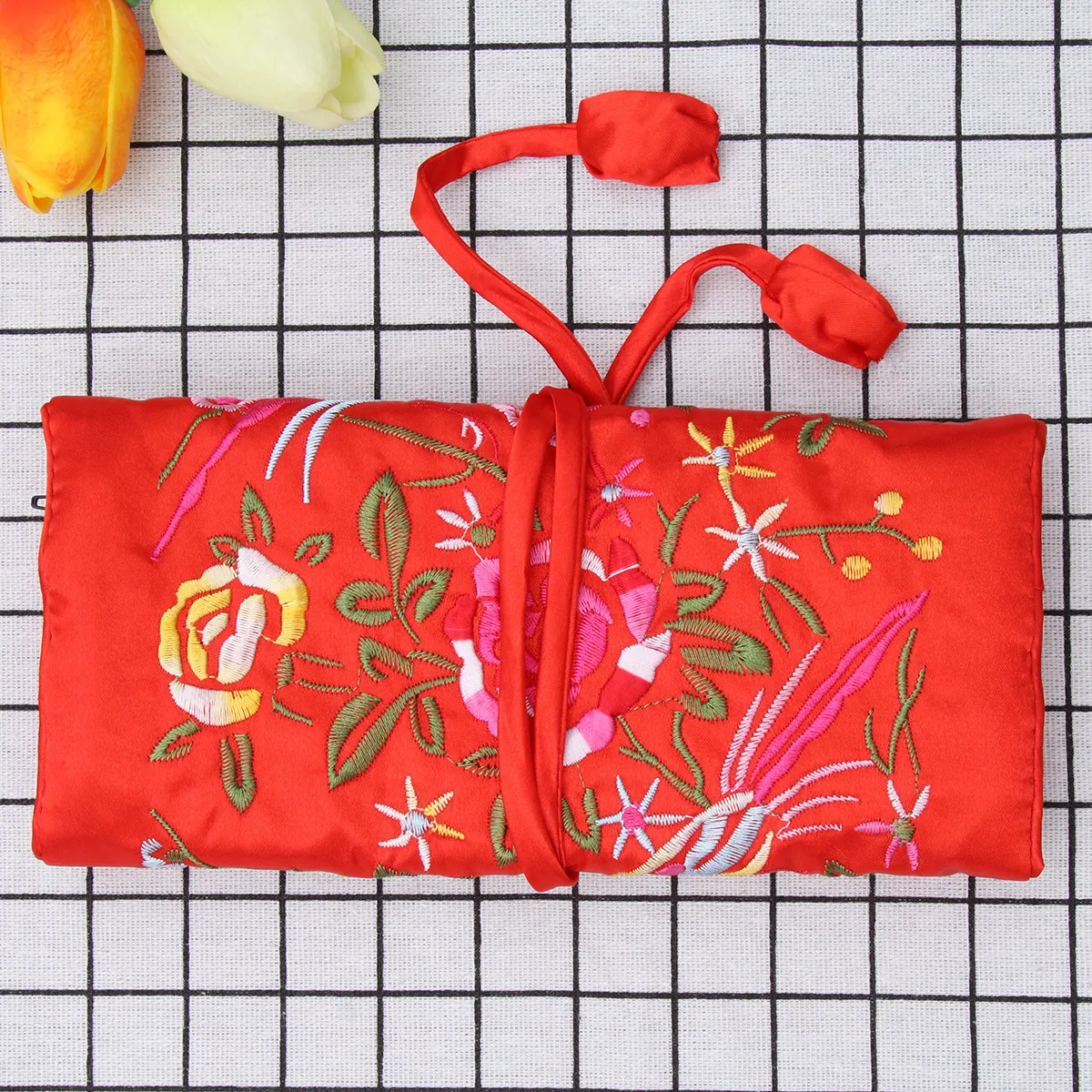 Handmade Embroidered Jewelry Roll Bag Red Chinese Traditional Flower Pattern Large Pocket 3 Zipper Pockets Travel Jewelry