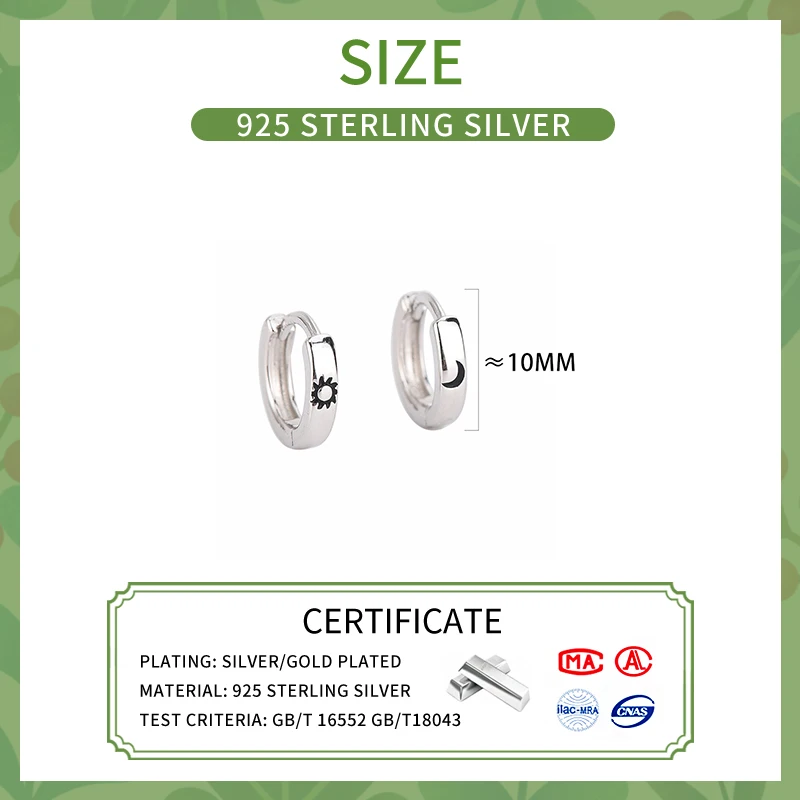 Real 925 Sterling Silver Sun and Moon Round Hoop Earring for Women Minimalist  Fine Jewelry Trendy Asymmetric Accessories image 2