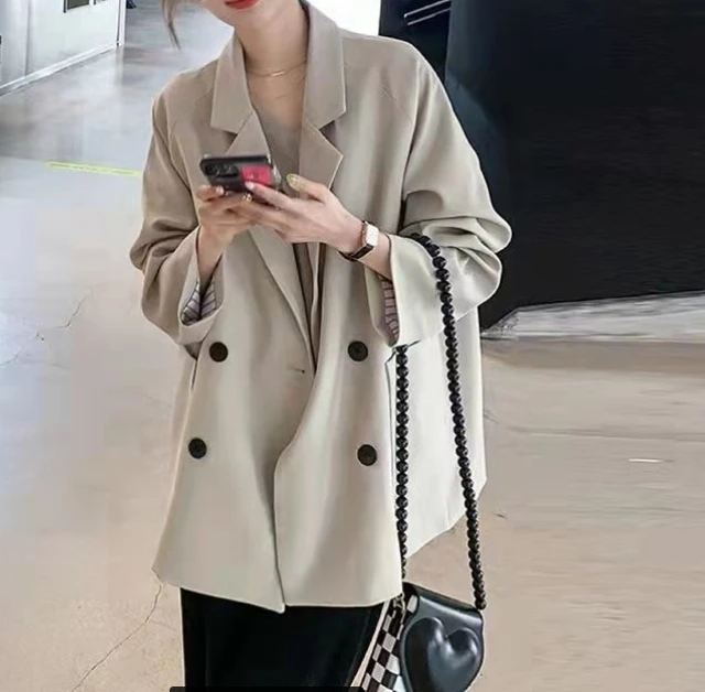 Women's Cardigan Coat 2025 Autumn Winter Latest Mid Length Double Breasted Casual Small Suit Loose Contrasting Color Suit Jacket