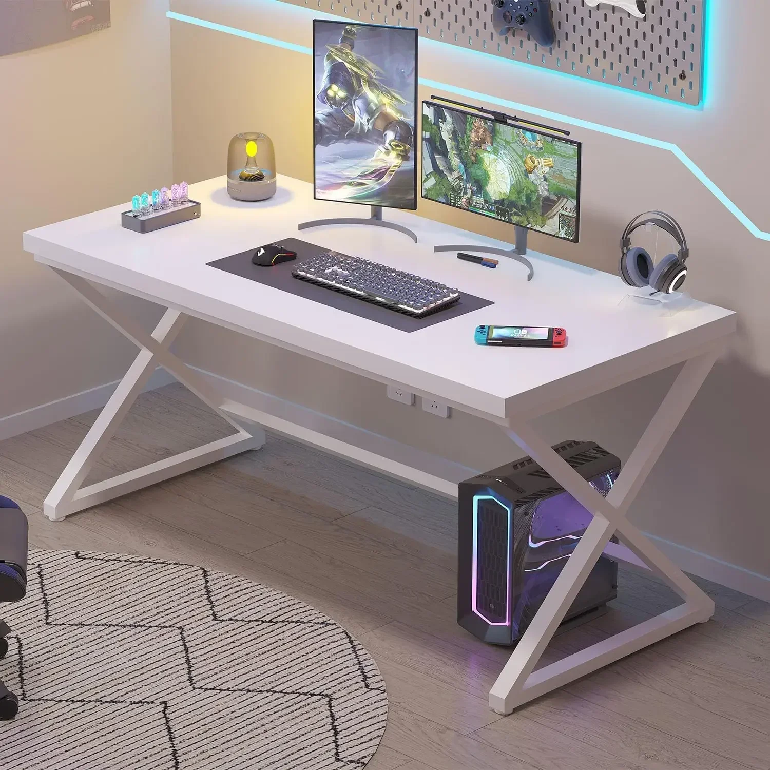 [سعر مخفض، حار بيع! ]مكتب كمبيوتر أبيض، مكتب مكتب منزلي حديث لكتابة دراسة العمل، ألعاب كمبيوتر معدني خشبي بسيط