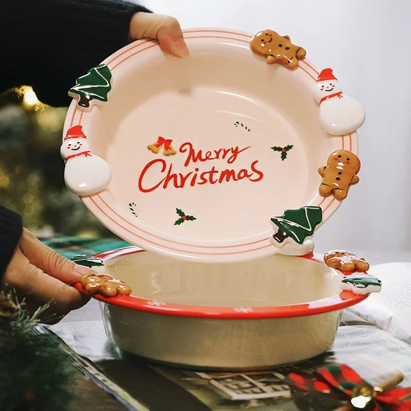 AhunderJiaz Cute Embossed Salad Plate Kitchen Ceramic Dinner Plate Set Christmas Home Decoration Roast Chicken Plate
