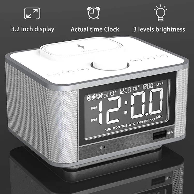 Alarm Clock  Wireless Charger Speaker FM Radio Custom LOGO  Time Display BT smart sound box USB charing  bedside