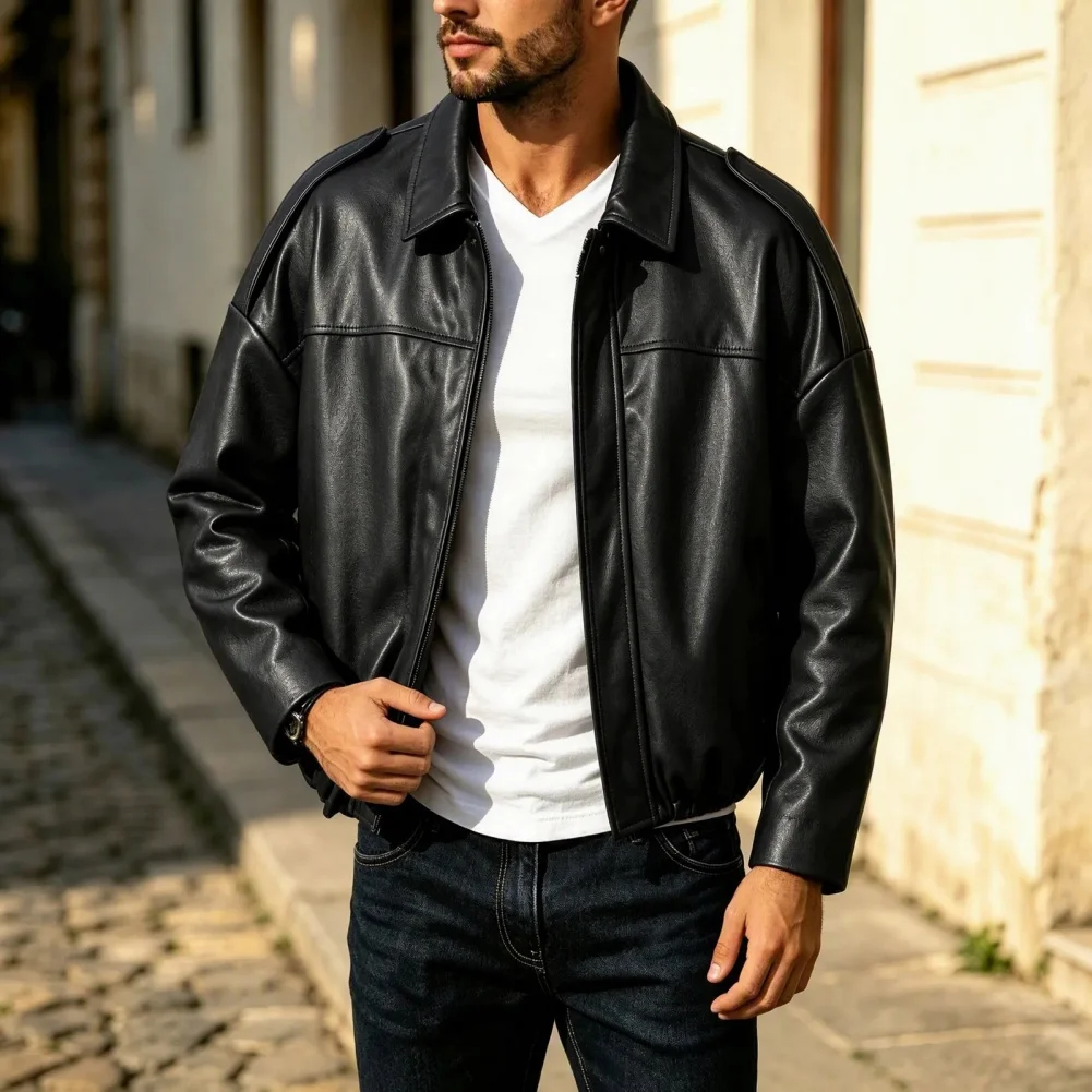 Men\'s Solid Color Long Sleeve Leather Jacket Regular Length Medium Stretch with Lapel and Pocket for Warm Days