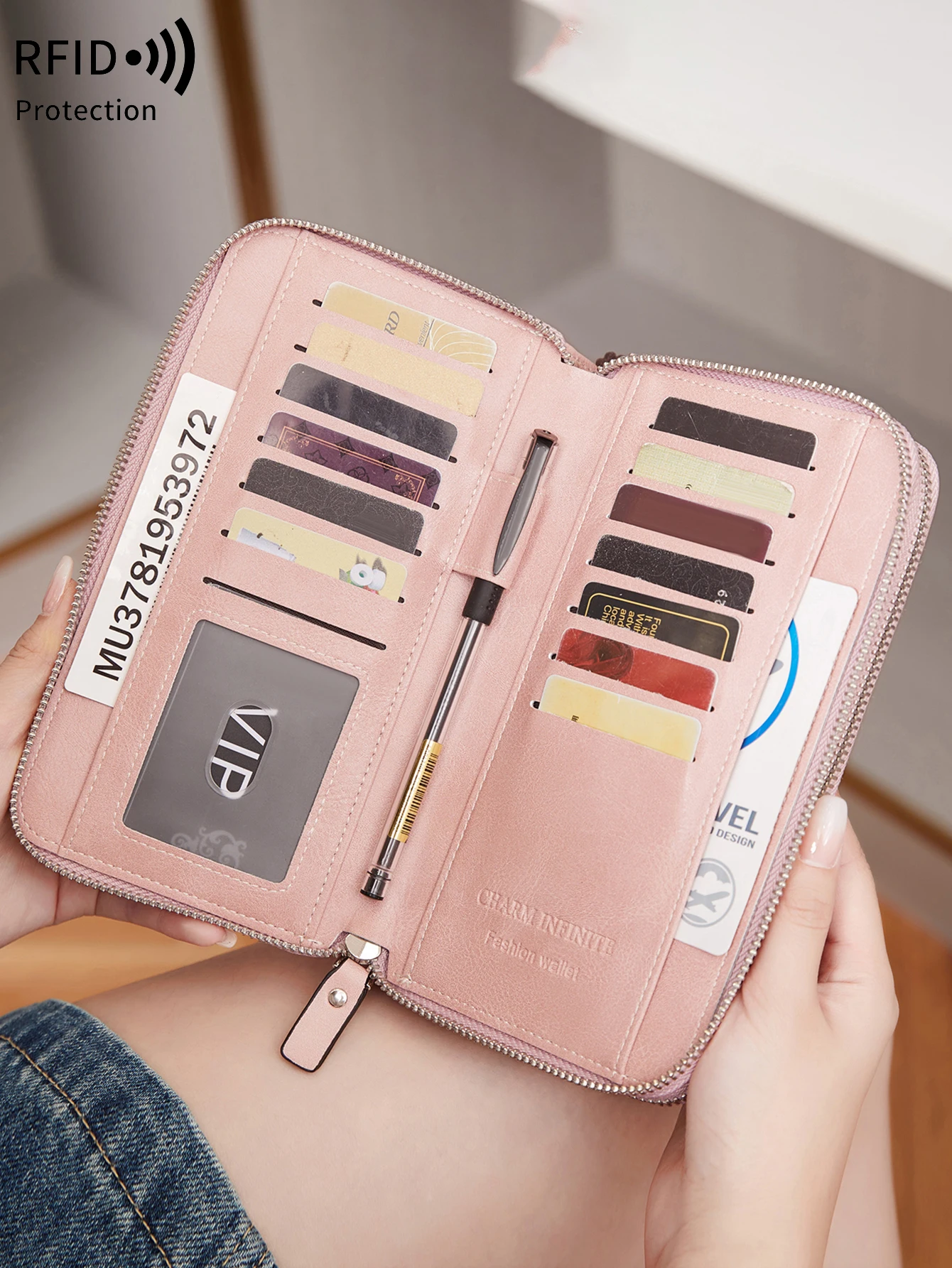 Fashionable RFID anti-theft new women's long wallet with dual zippers, multifunctional credit card bag, coin and change handbag