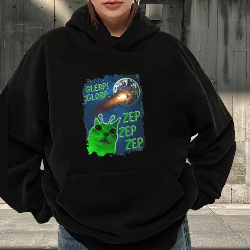 

Funny Alien Cat Humor Brainrot Graphics hoodie men ’s women fashion vintage Long sleeve streetwear print oversized hoodie unisex