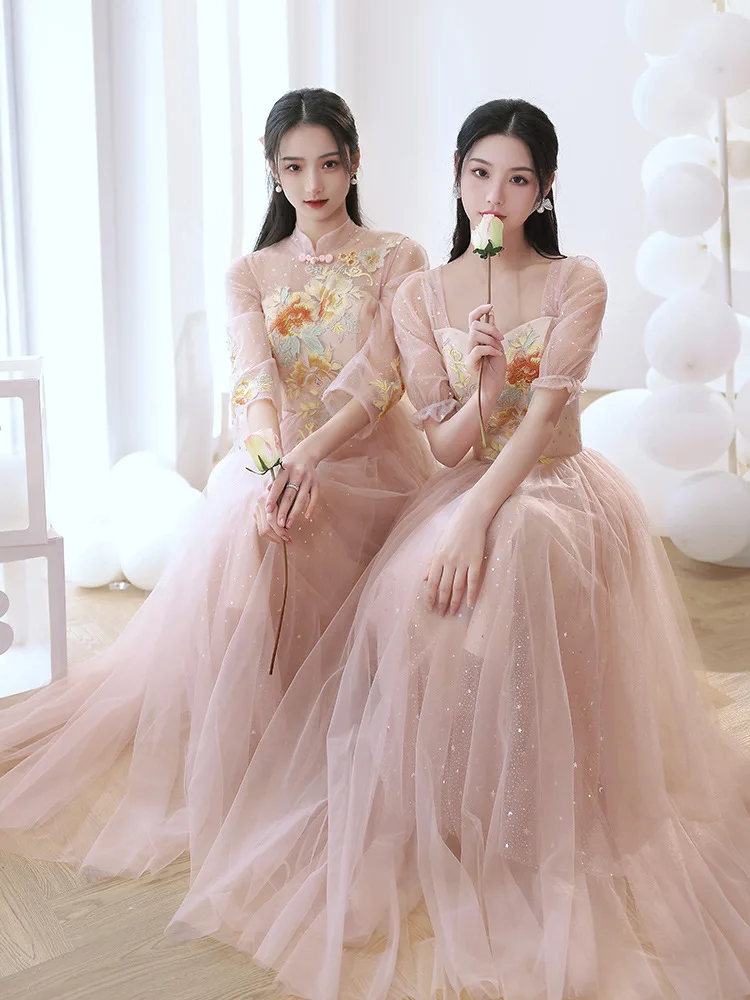 

Women's Pink Bridesmaid Dress New Chinese Floral Embroderiy Dress Fairy Wedding Party Sisters Group Girlfriends Dresses