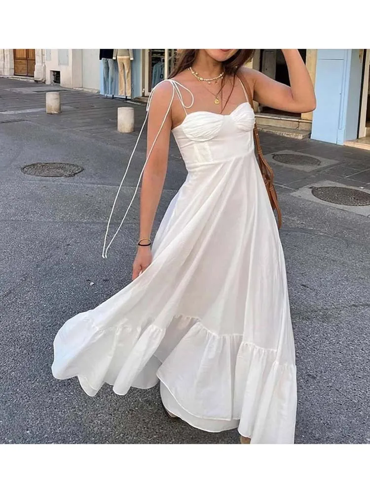 

White Casual Sleeveless Long Dress Women Summer Spaghetti Strap Swing Strapless Loose Beach Holiday Maxi Dresses