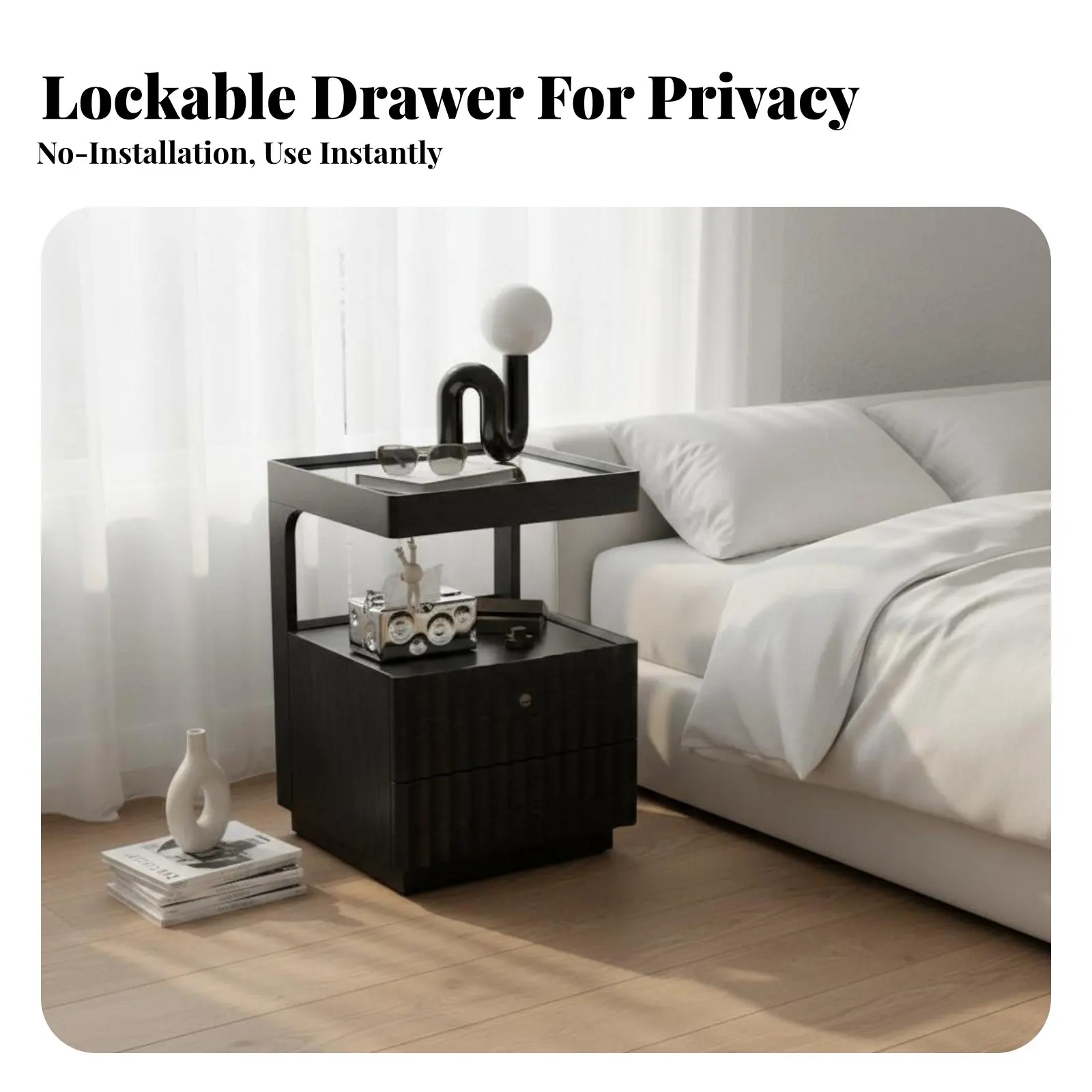 2-Drawer Nightstand with Accessible Shelf Large Capacity Storage Nightstand with Power Outsidelets No Assembly Required