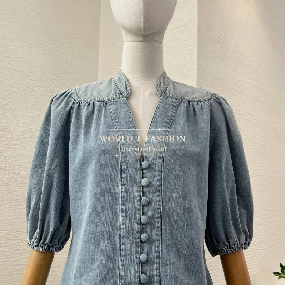 

2025 New Fashion Blue Half Sleeve Demin V Neck Blouse Tops