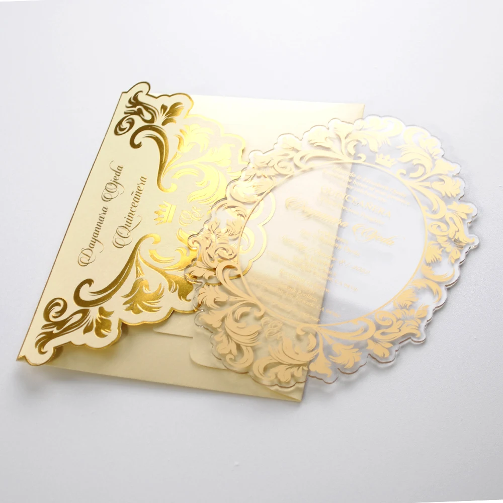 Personalized Gold Foiled Acrylic Wedding Invitation Cards, Party Invitations with Gold Envelope, 100Pcs