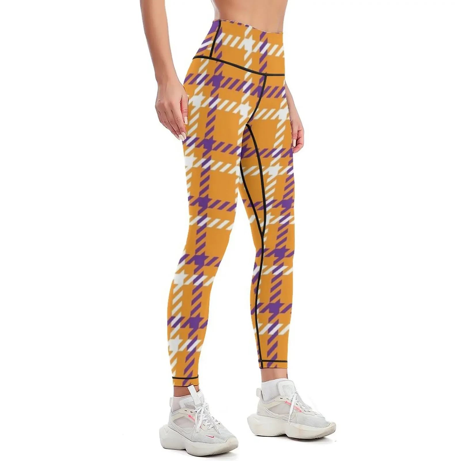 Halloween Orange Purple White Check Square Pattern Leggings Jogger pants sports for push up Golf wear Womens Leggings