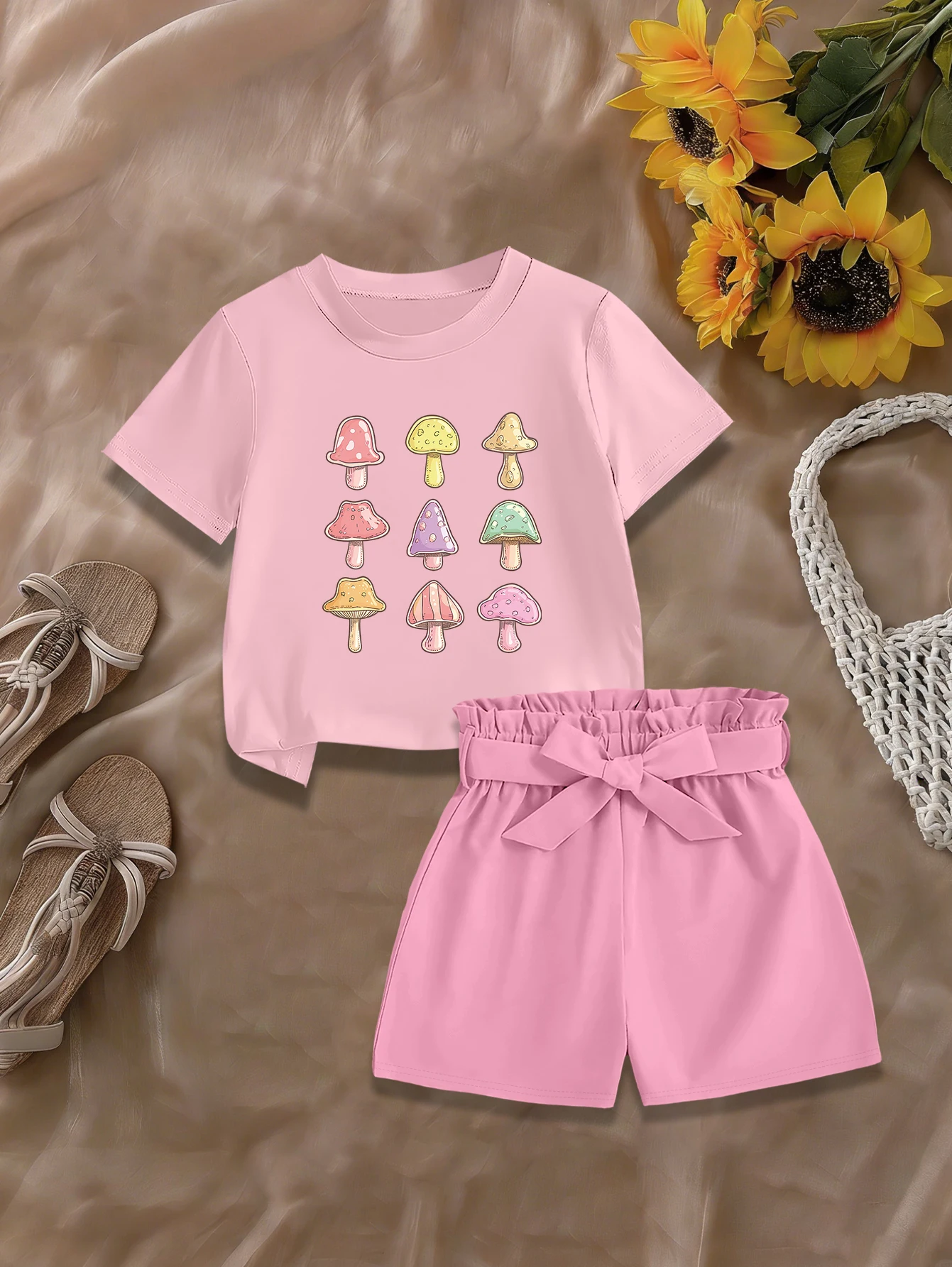 2 pieces: Girls Summer Sweet Set Cartoon Colorful Mushroom Print T-shirt Bow Woven Shorts