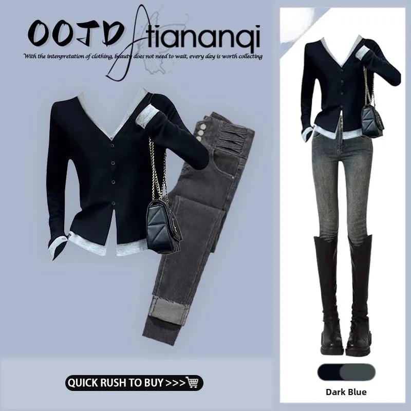 

Slimming Straight Leg High Waist Denim Two Piece Set V Ne Long Sve Bla College Sle Anti Aging Faion Ensemble