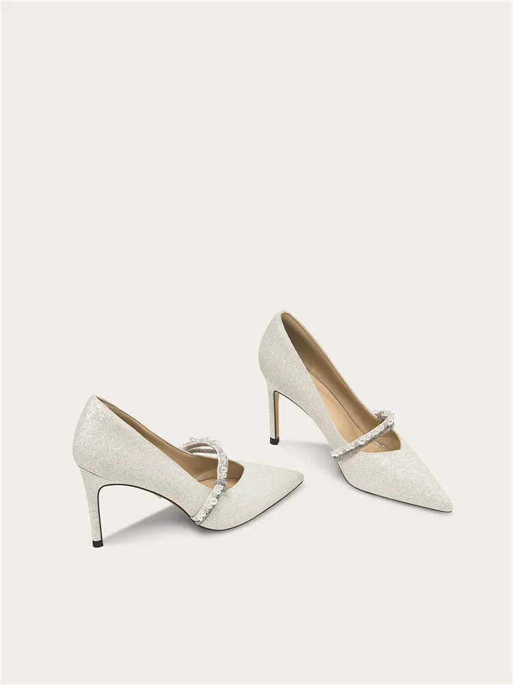 Spring new pointed shallow mouth sequined crystal bead wedding shoes, banquet big size small size slim high-heeled women's shoes