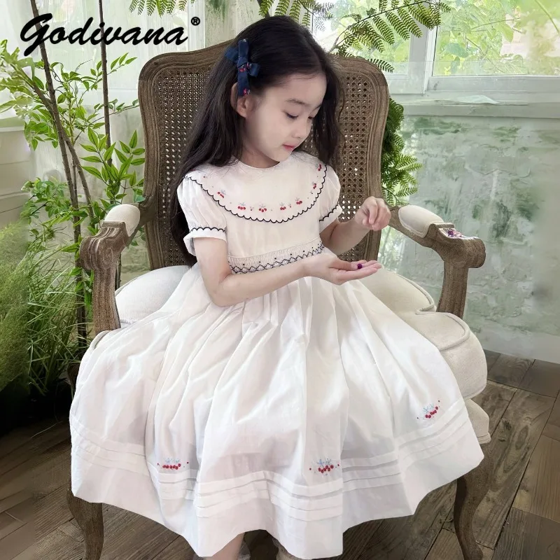 Sweet Baby Girls New Summer Vintage Dress Large Turn Down Collar Handmade Smocked Cute Cherry Embroidery Puff Sleeve Long Dress
