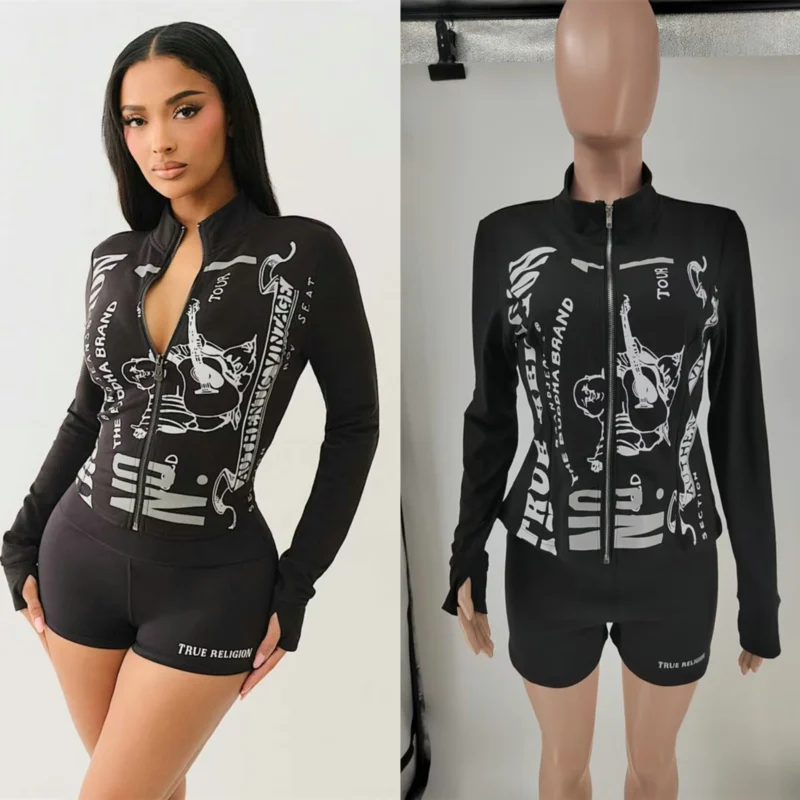 

Slim Zipper Jacket Shorts 2 Piece Set Woman Long Sleeve Printed Top Autumn Women Clothes 2025 High Street Wear Fshion Streetwear