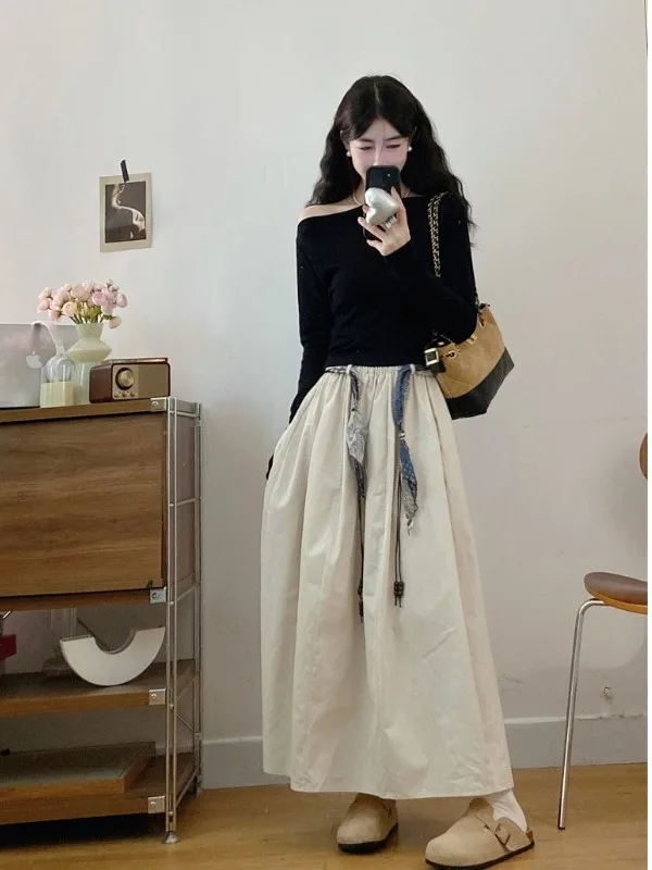 

plus Size Women's Bla oulder T-irt Casual Workwear Sle Low Waist Midi Skirt Set Comfortable Faion Autumn Outfit