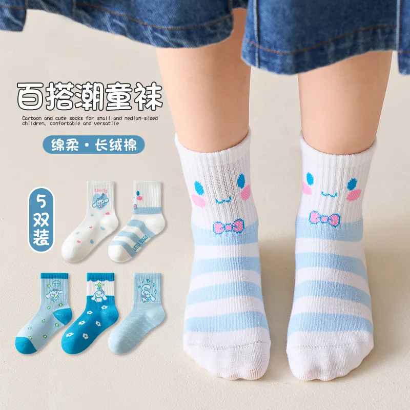 5pcs Children Kawaii Sanrio Cinnamoroll My Melody Ins Casual Socks Cute Cartoon Kuromi Mid Tube Stocking Gifts for Kids