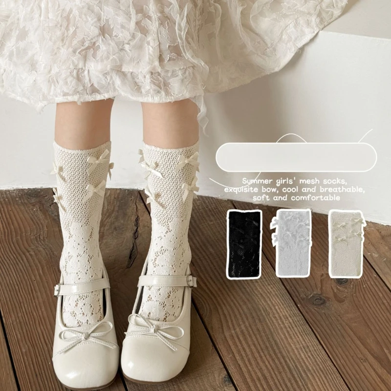 1 Paar Sommer Weiße Netz-Wadensocken für Mädchen Dünne Lolita JK Prinzessinnen-Socken mit Schleife Kinder Wadenlange Strümpfe für Schule und Alltag