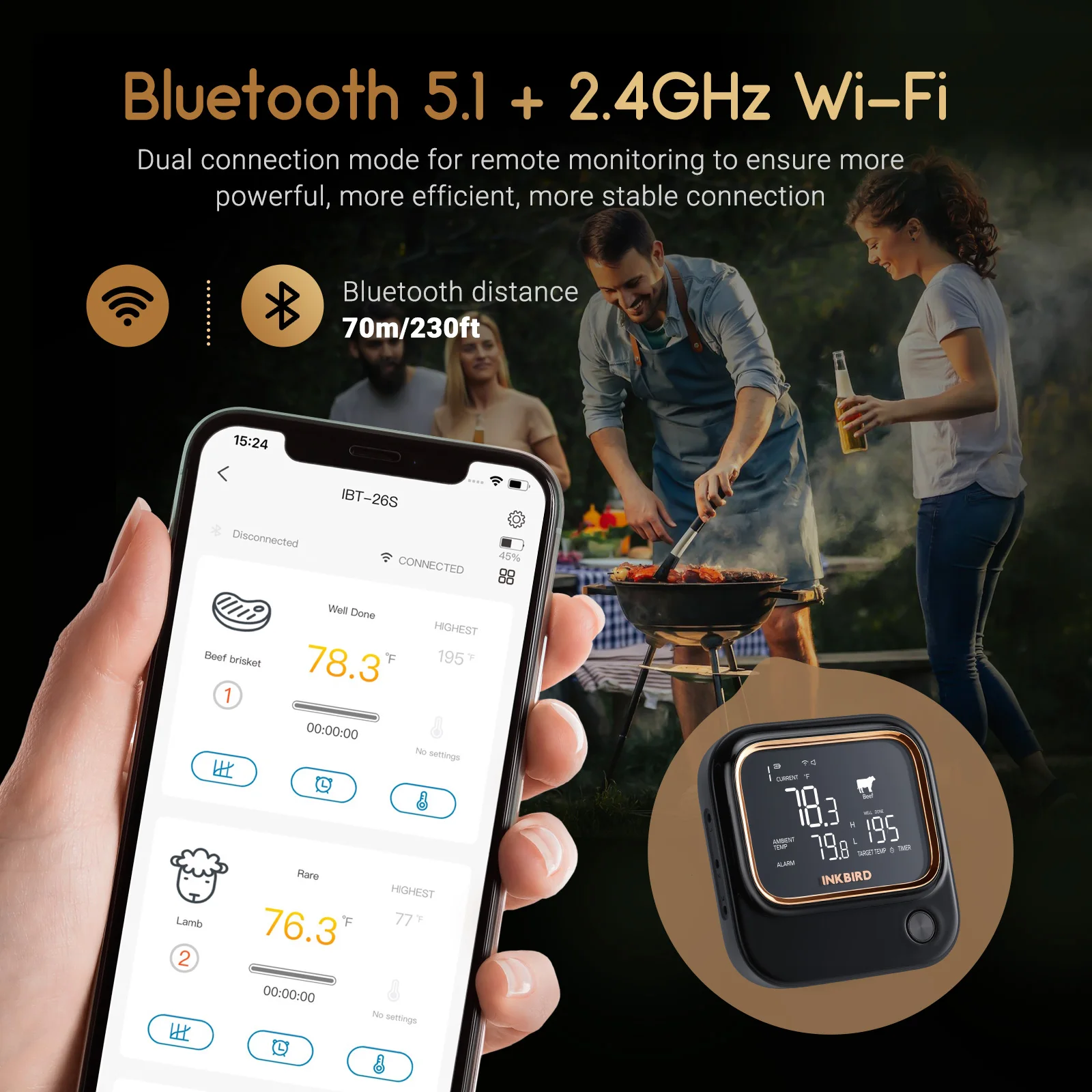 

INKBIRD IBT-26S Bluetooth WiFi Meat Thermometer Adjustable Brightness Backlit LCD Screen with 4 Food-Grade Probes for Cooking