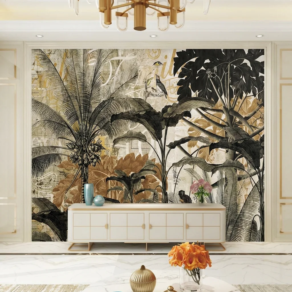 Vintage tropical plants, custom mural, made of removable custom adhesive material suitable for bedroom and living room.