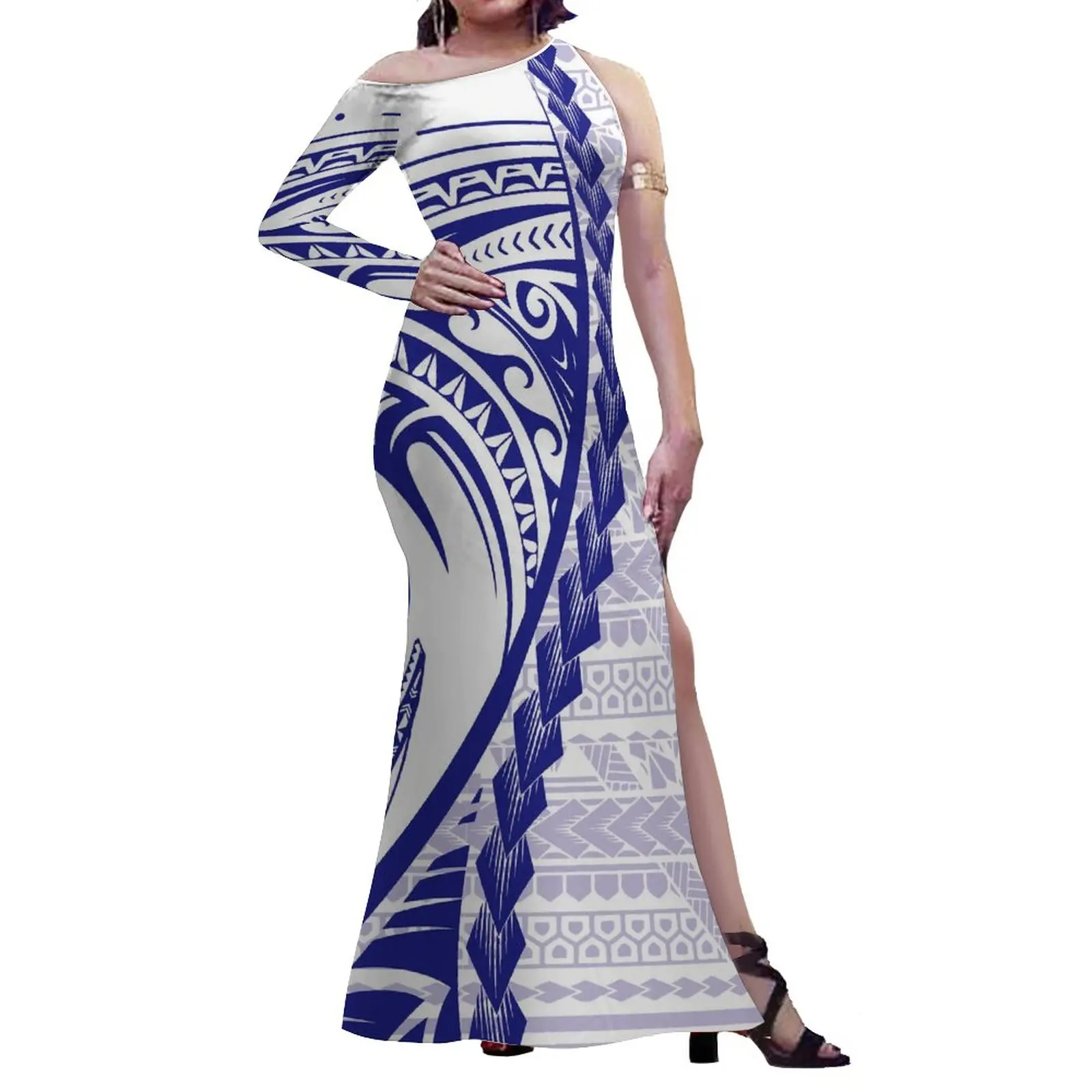 

Drop Shipping Ladies Fashion O-neck Dress Pacific Island Art Polynesian Tribal Luxury Design Top Quality Slit Dress Wholesale