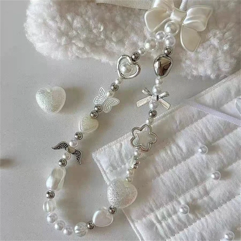 Beaded Phone XYun Charm Lanyard for iPhone Samsung, Cute Baroque White Bow, Flower Charm, Universal Accessories Jewelry Pendant