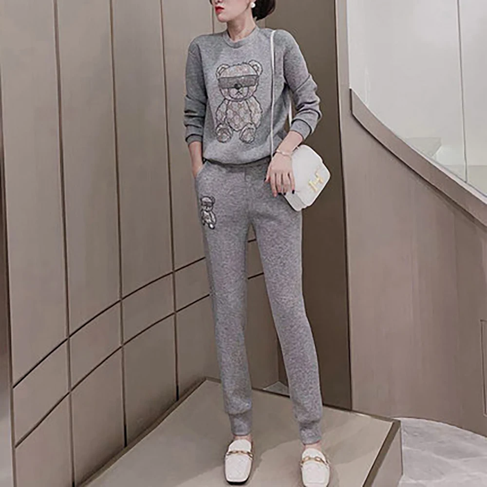 여성용 기모 안감 스웨트 셔츠 세트 스포츠 팬츠 곰 패턴 202 겨울 신상 플러스 사이즈 패션 세트