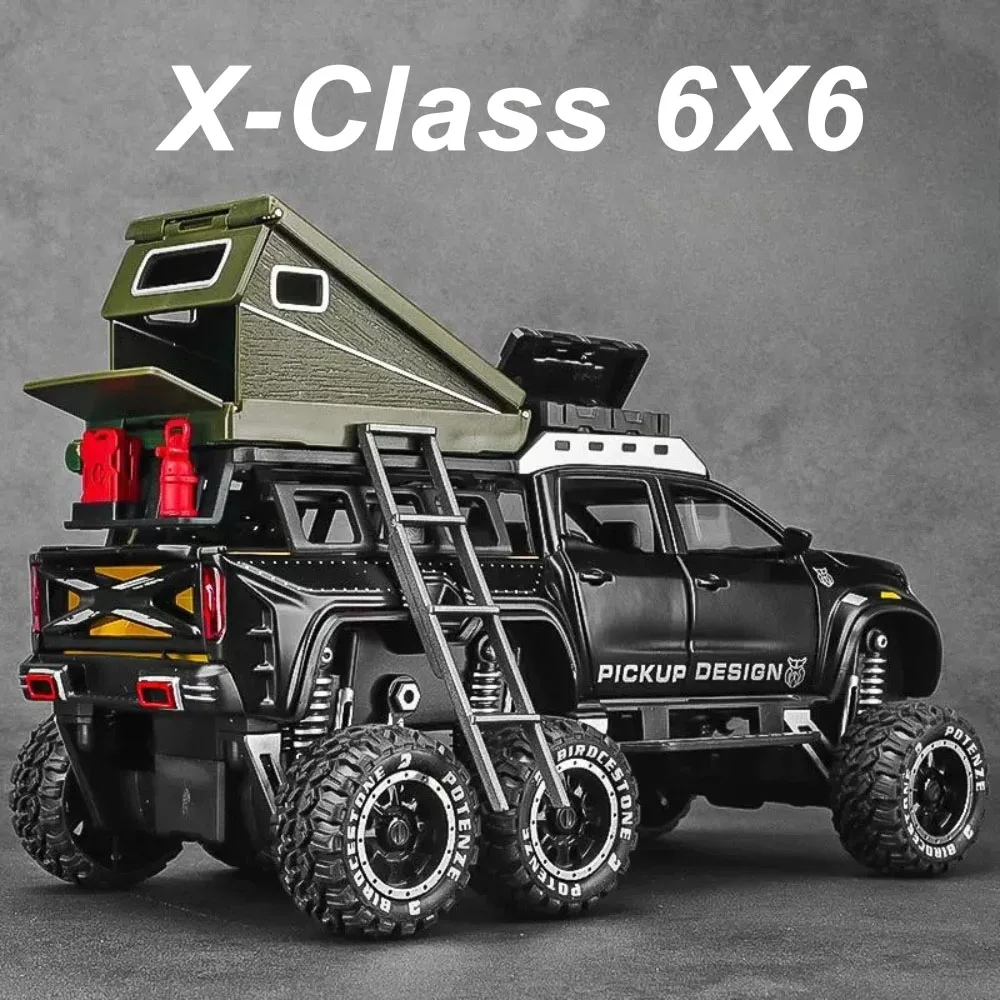 

1:28 X-Class 6X6 из сплава, модель кемпингового автомобиля, игрушки, литые под давлением дверцы пикапа, открытые звуком, светом, откатными транспортными средствами, подарок на день рождения для мальчика