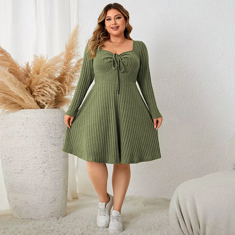 Fashion Plus Size Clothing Dresses 2023 Casual Long Sleeve Green Elegant Party Vacation Large Size Short Female Sweater Dress