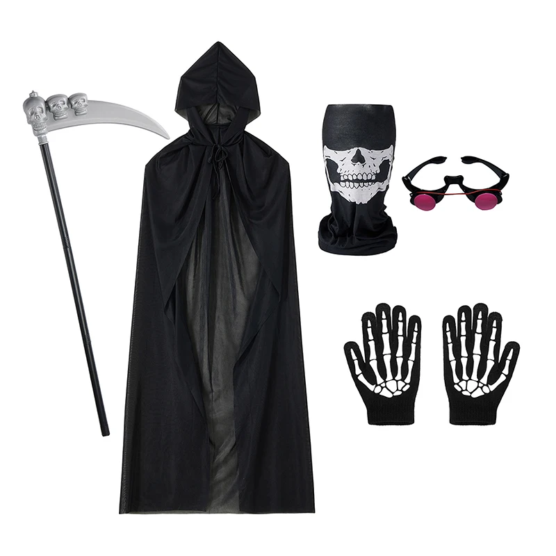 Halloween Cloak Costume for Kids & Adults Death Grim Reaper Horror Robe with Glowing Red Eyes Glasses, Scythe, Facewear, Gloves