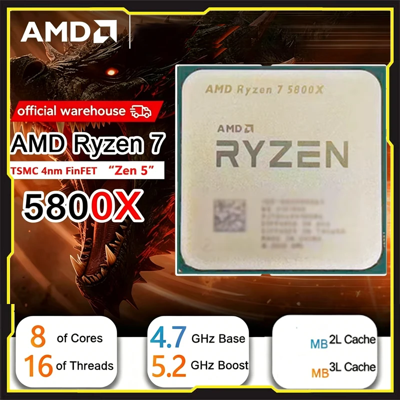

AMD R7 5800X Desktop Gaming CPU 8 Cores 16 Threads 3.8GHz Socket AM4 Powerful Overclockable Processor Without Retail Package