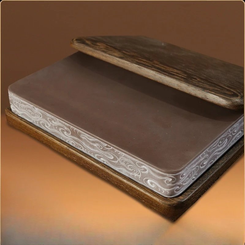 Master Inkstone, Handmade Inkstone Rough Stone Study Four Treasures with Wooden Cover Base Non-She Inkstone Calligraphy Supplies