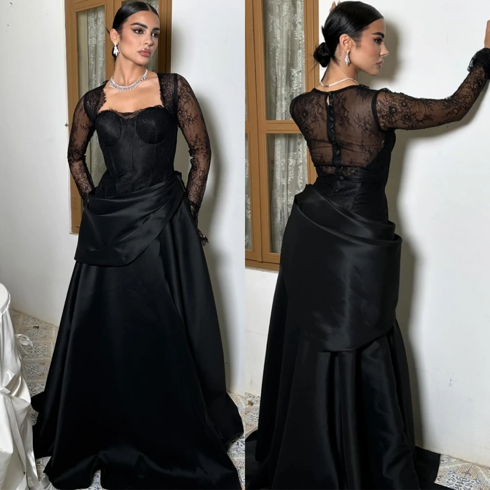 

Customized Sexy Satin Square Collar Evening Dress Simple Court Train Prom Dresses Sparkly Long Sleeves Special Occasion Gowns