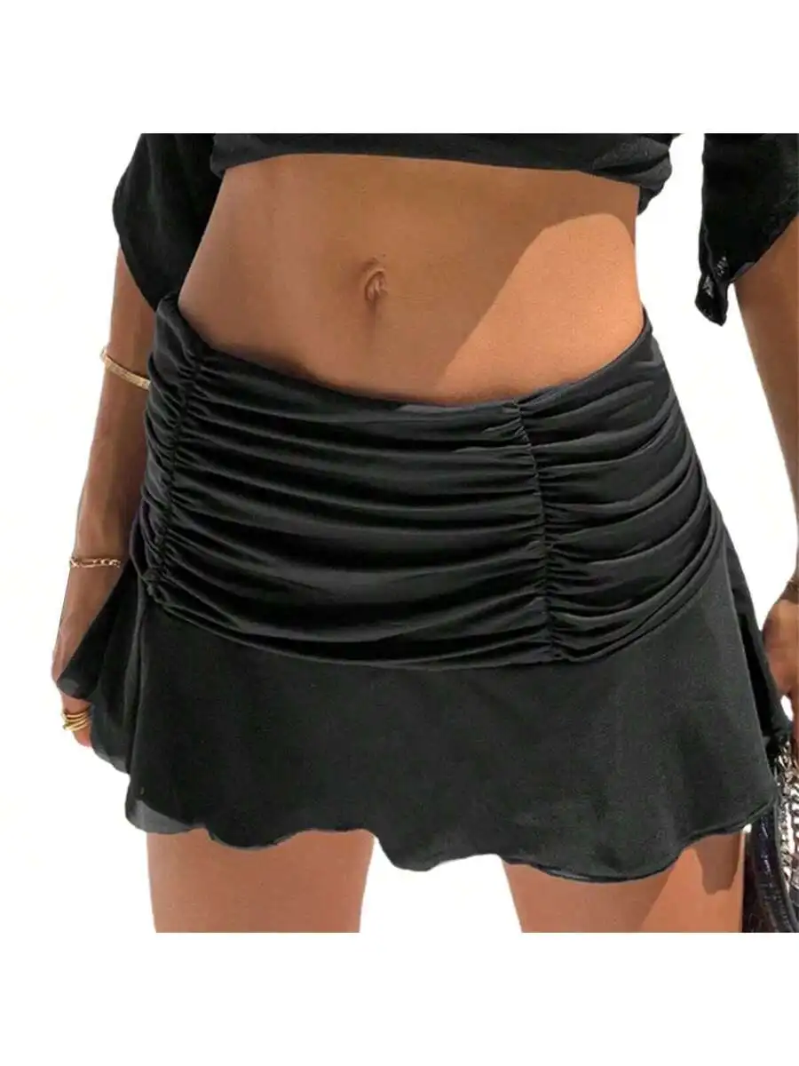 

Women Summer Casual Ruched Waist Mini Skirt Solid Color Elastic Waist Short Skirt
