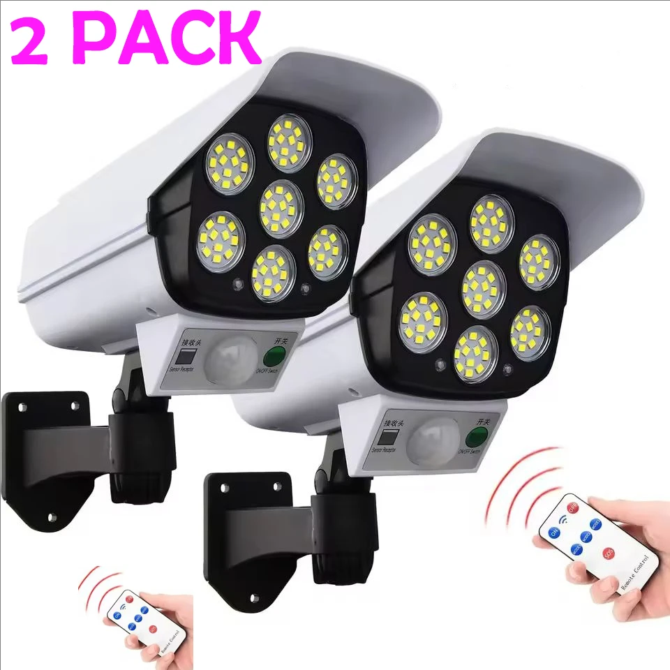 Outdoor Motion Sensor Solar Lights 2000 Lumen 77 LED With Remote Controller Fake Security Camera Monitoring Induction Wall Lamps