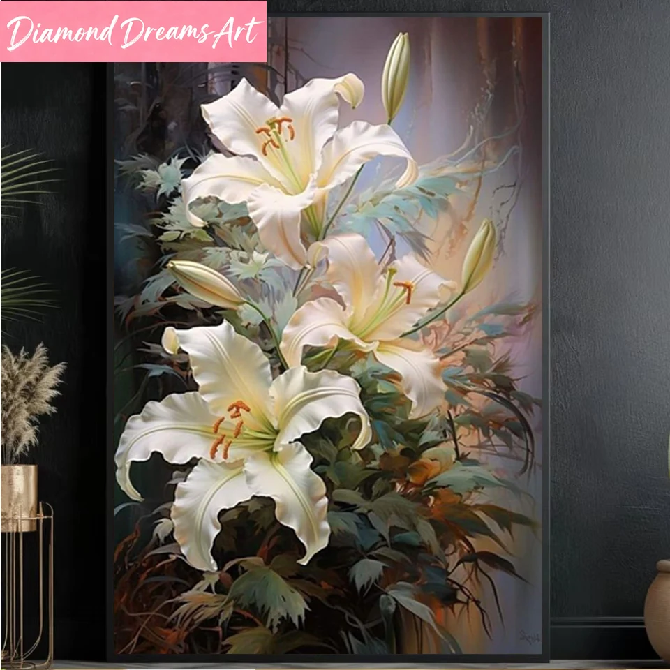 Frameless,5D Diamond Mosaic Lily Flower Full Square Round Diamond Painting Kit Home Bedroom Wall Artwork Diamond Embroidery