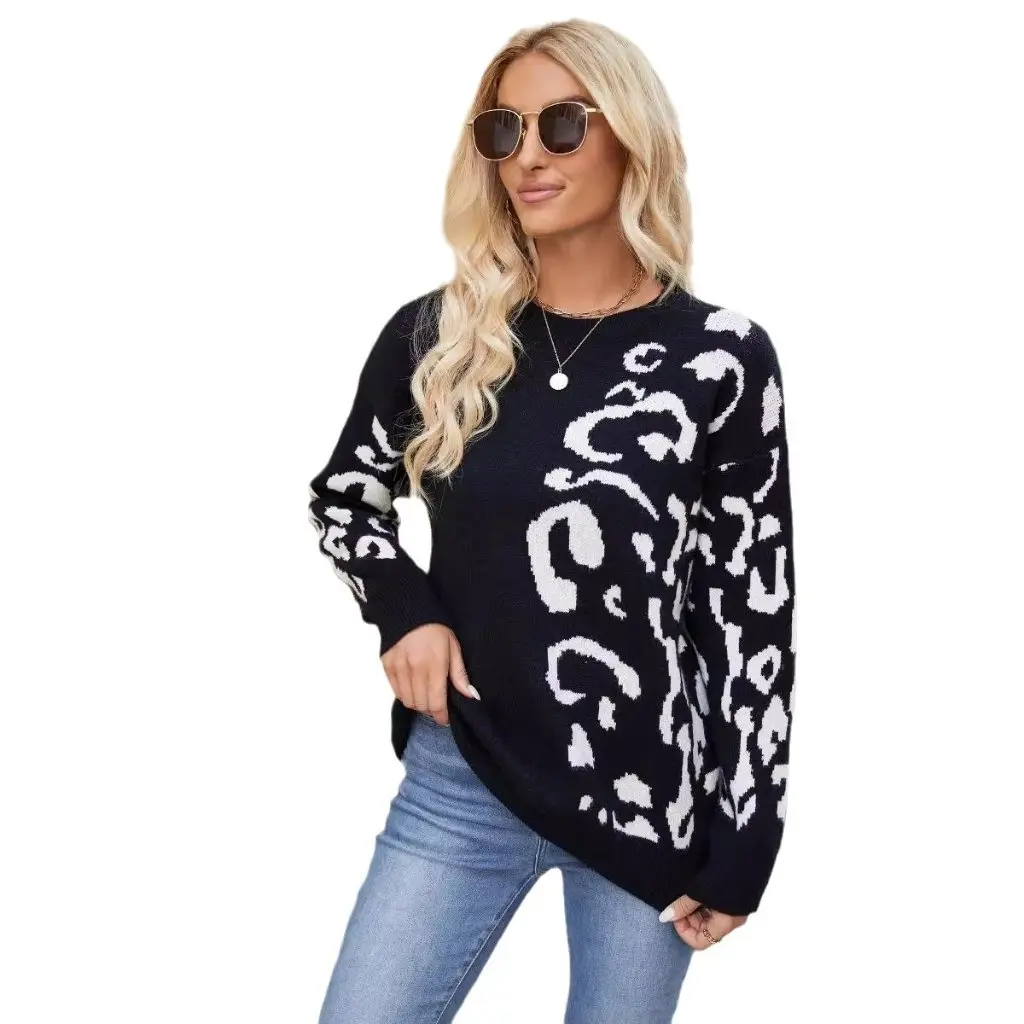 

Women's Leopard Print Knitted Sweater round Neck Pullover Long Sleeve Autumn Winter Fashion European American Style Coat