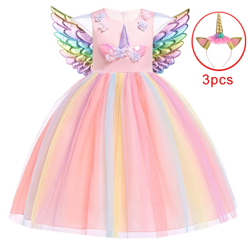 Teens Pink Unicorn Girls Party Dress Rainbow Pastel Flower Birthday Princess Dresses for Girl Unicorns Halloween Cosplay Costume