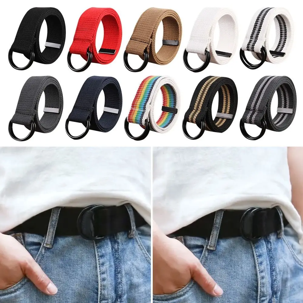 Men Women Nylon Braided Canvas Double Ring Black Buckle Simple Versatile Jeans Student Trend Belt Waistband