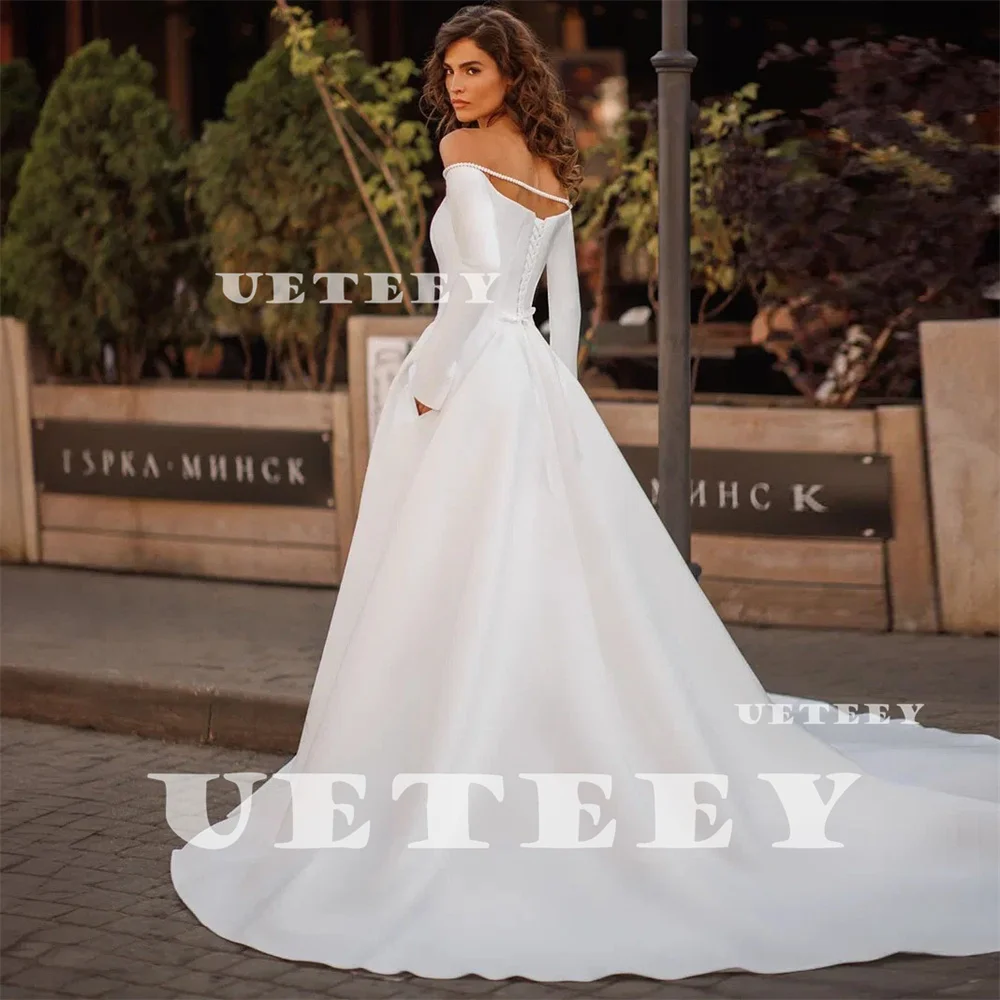UETEEY Customized Simple Pearl Off Shoulder Crepe A Line Wedding Dress For Women Slit Zipper Back Bridal Gown vestidos de novia