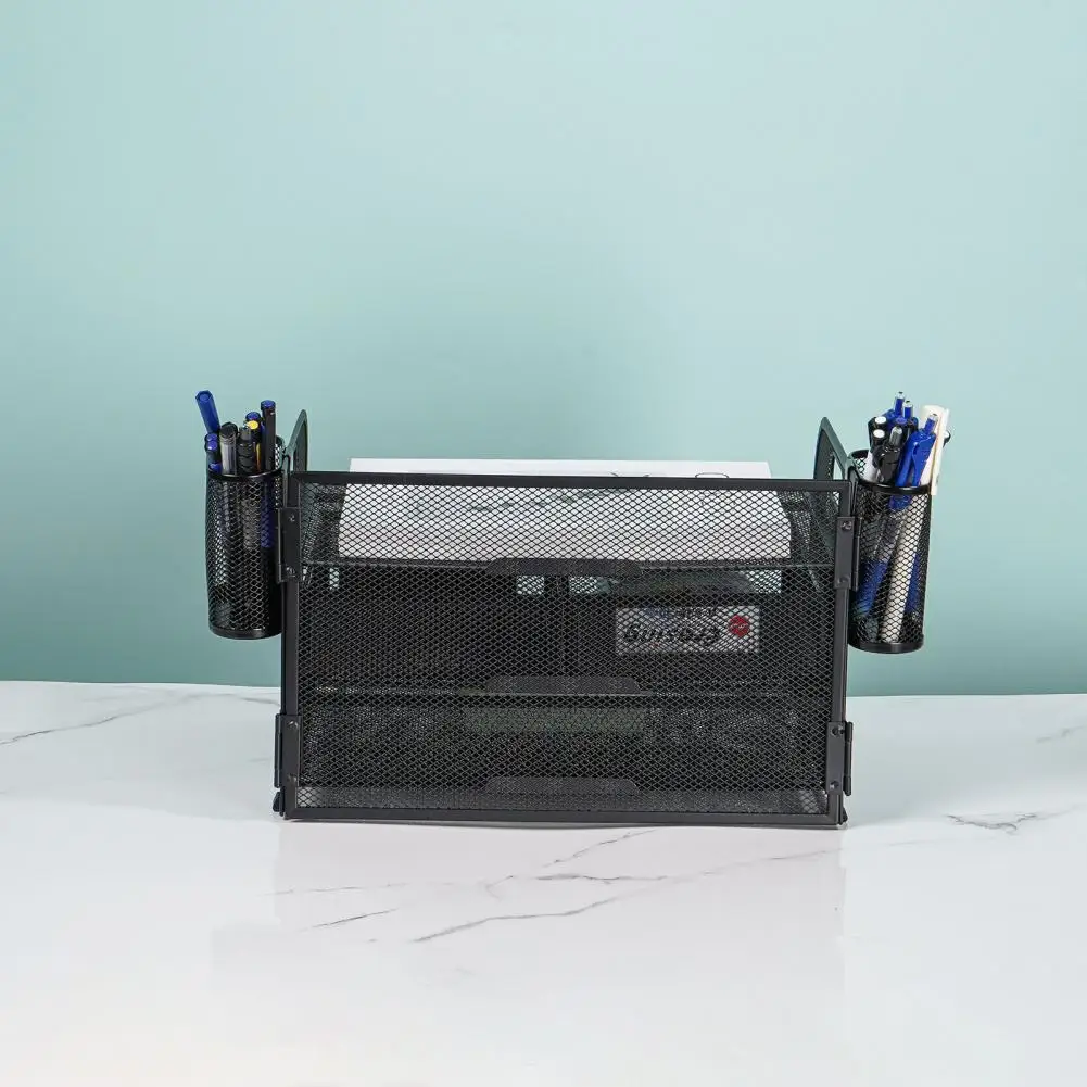 Desktop File Rack Mesh Desk Organizer with 3 Drawers Pen Holders Carbon Steel Frame File Folder Rack for Office Supplies