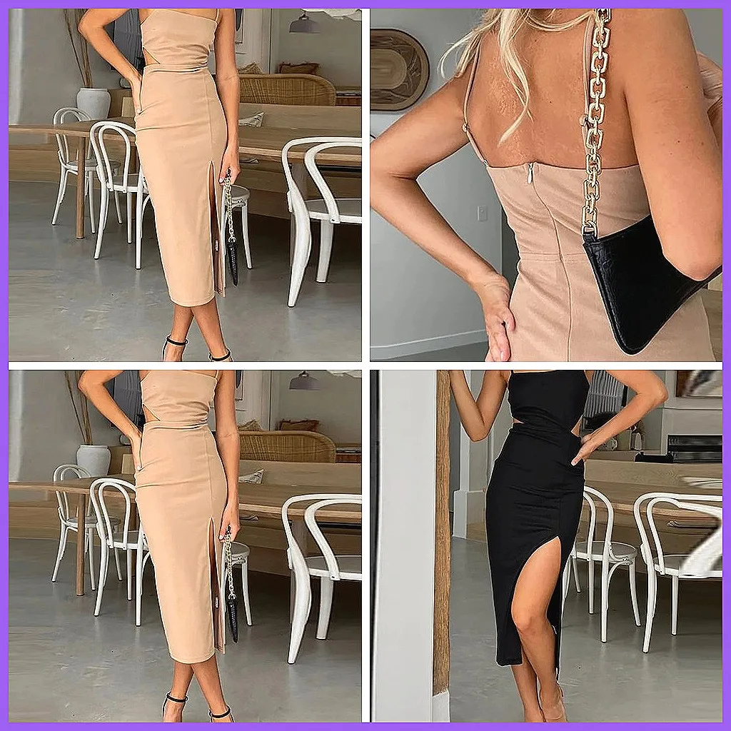 

Summer Sexy Backless Sling Dress Women's Elegant Hollow Split Midi Party Dress