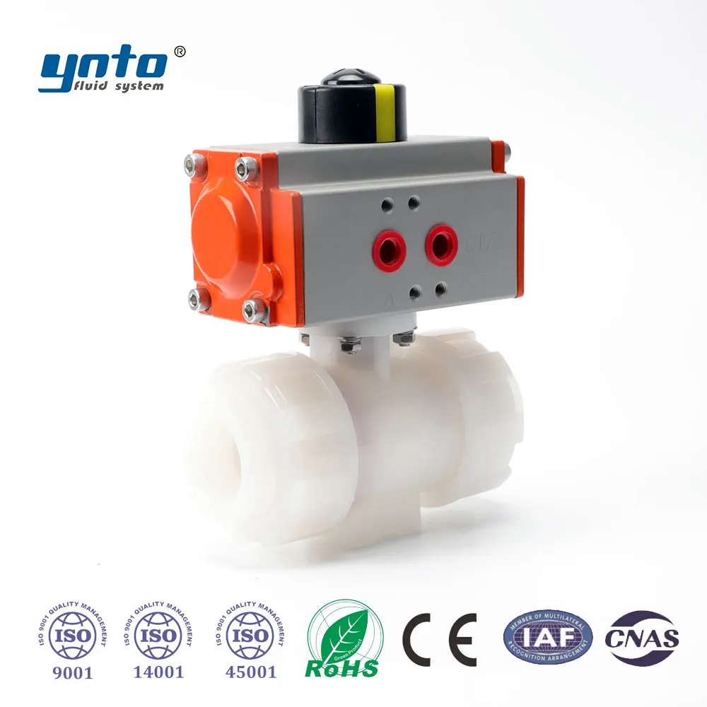 YNTO CE Certified Pneumatic Double-Acting Ball Valve PVDF Corrosion & Heat Resistant for Chemical Pharma Fast Actuation Safety