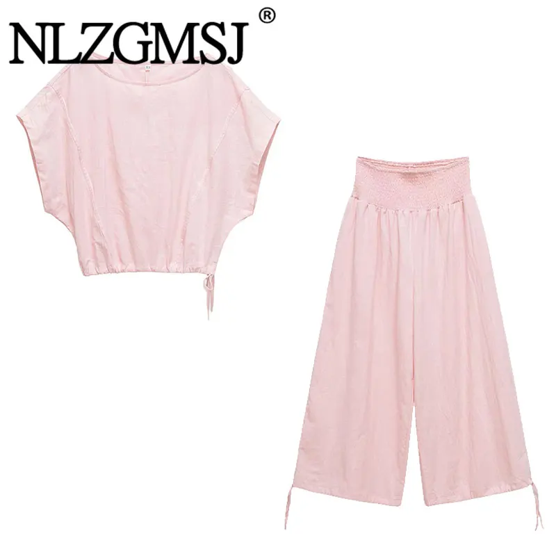 Nlzgmsj 2026 Summer Women's Casual Pink O Neck Batwing Sleeve Set Fashion Smocked Waist Wide Leg Harem Pants Daily Wear Outfit