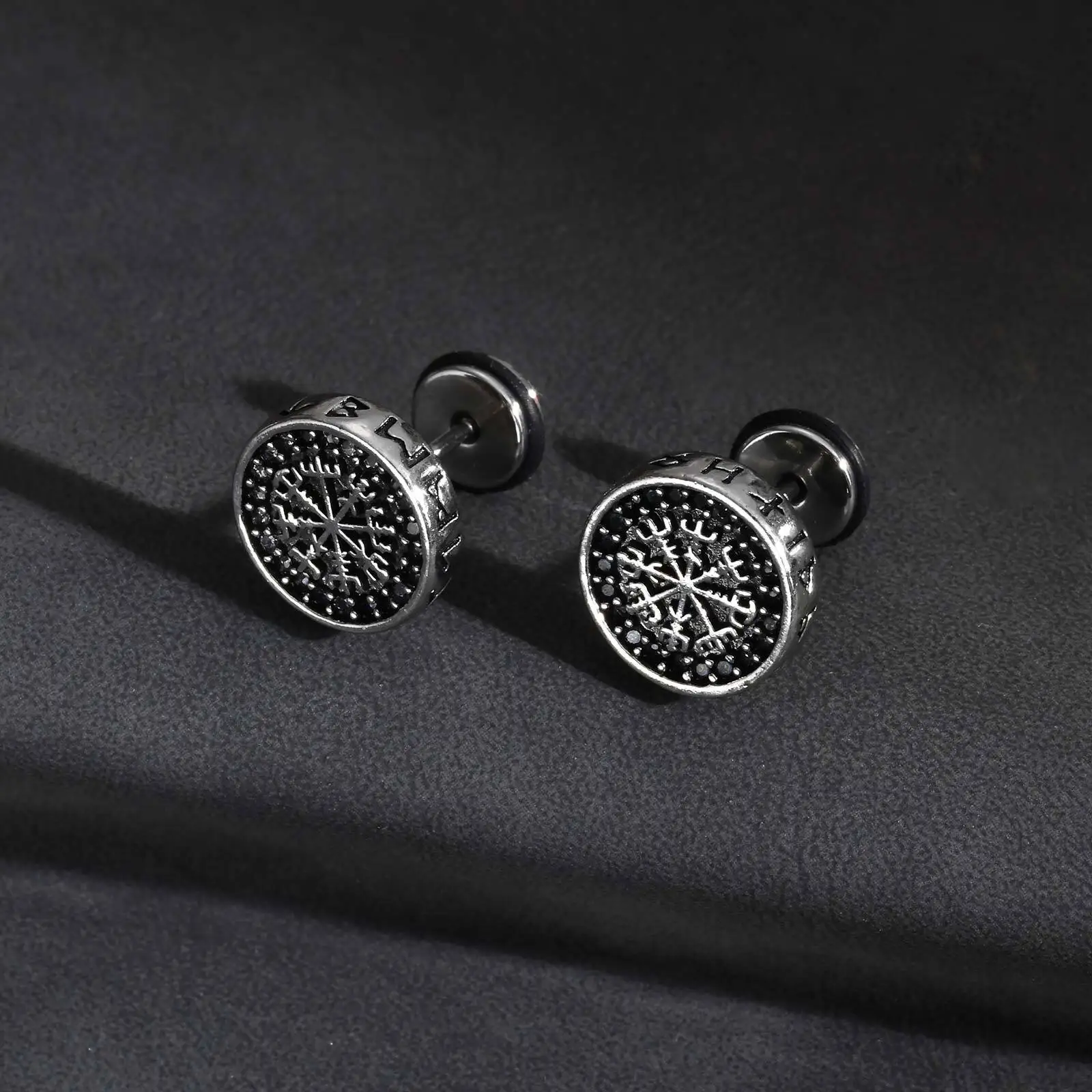 Vnox Viking Compass Zircon Stud Earrings, Copper Metal White Gold Plated Spiral Ear Post, Simple Jewelry Gift for Men Boys Him - Image 5