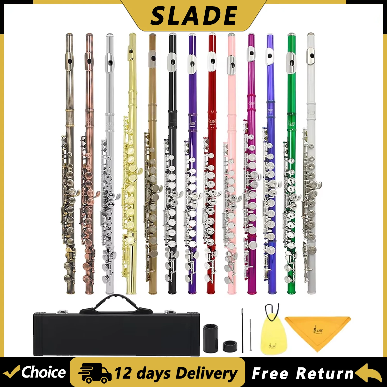 Flauta transversal SLADE en Do con 16 llaves cerradas, de cuproníquel, para concierto, instrumento de viento con llave en Mi, estuche y accesorios